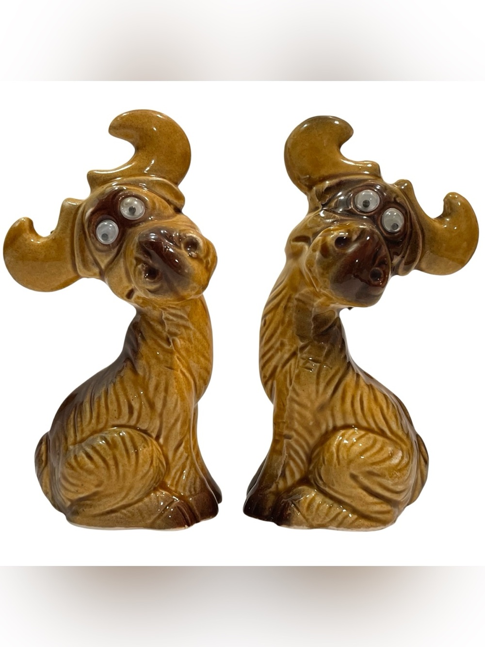 Vintage 1970s Googly Eye Rustic Anthropomorphic Moose Ceramic Salt Pepper Shaker